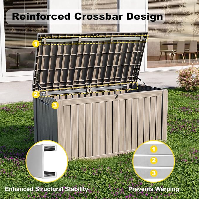 Vixzen 150 Gallon Resin Deck Box, Lockable Outdoor Storage Box for Patio Cushions Storage Furniture,Garden Tools, Pool Supplies, Weatherproof and UV Resistant- Light Brown-Ruum Studio Home