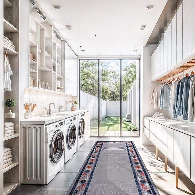 Beverly Rug Outdoor Runner Rug 2x7 Modern Floral Bordered Area Rugs for Indoor and Outdoor Patio Easy to Clean Non Shedding Living Room Porch Garden Washable Outside Carpet (2 x 7 Gray)-Ruum Studio Home