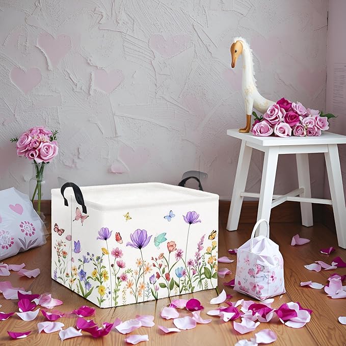 HIYAGON Rectangular Baby Girl Basket Kids Baby Storage Basket Toy Storage Bin Organizer Box Room Decor(Purple Flower)-Ruum Studio Home