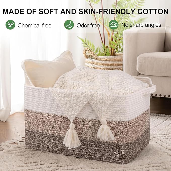 OIAHOMY Rectangle Woven Storage Basket - Nursery Cotton Rope Baskets for Storage, Toy Basket Organizing for Living Room, 17.7"x13.8"x11"- Pack of 3 - Gradient Yellow-Ruum Studio Home