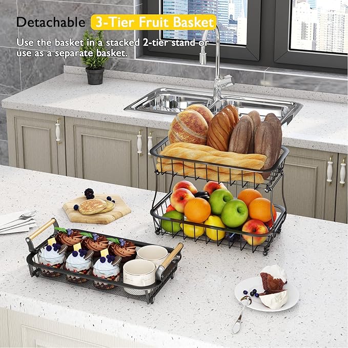 ANTOPY 3 Tier Fruit Basket with 2 Banana Hangers, Countertop Fruit Vegetable Basket Bowl for Kitchen Counter Metal Mesh Basket Fruits Stand Produce Holder Organizer for Onion Potato Bread Snack Veggie-Ruum Studio Home