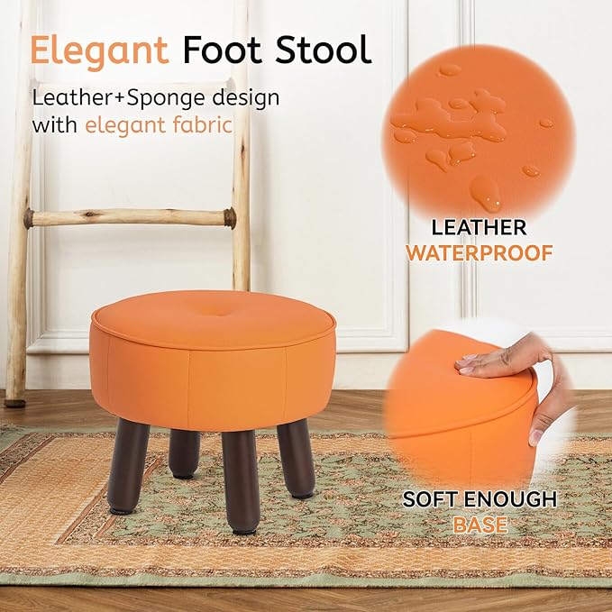 13in Small Foot Stool Ottoman, Round Faux Leather Foot Rest for Couch, Under Desk Pouf Footstool Footrest with Non-Skid Rubber Legs for Ling Room, Bedroom, 13''L x 13''W x 10.2''H, Orange-Ruum Studio Home