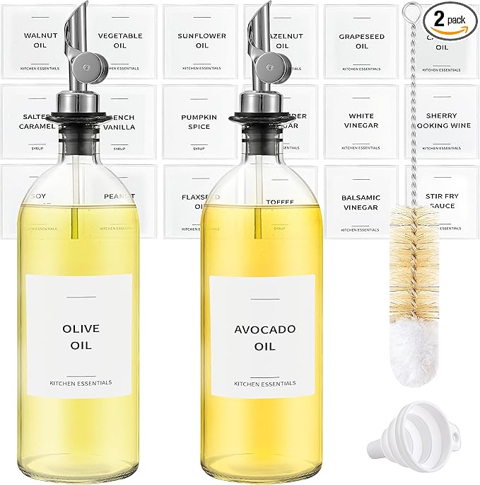 Olive Oil Dispenser Bottle - Includes 55 Kitchen Essential Labels - Cooking Oil Bottles for Kitchen, Coffee Syrup Dispenser - Pourer Spout with 16.9 fl oz Glass Container Cruet - 2pcs Silver-Ruum Studio Home