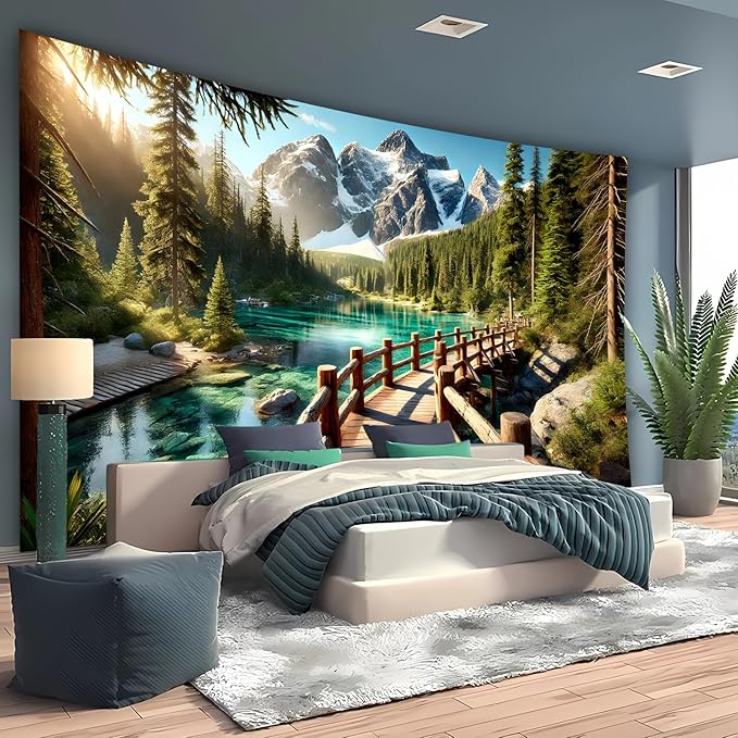 BSFHH Nature Tapestry Forest Tree Sea Cave Wall Hanging, Stream Through Rainforest Landscape Wall Art Tapestry for Bedroom Living room (Snow Scene, 110" × 87", Unframed)-Ruum Studio Home
