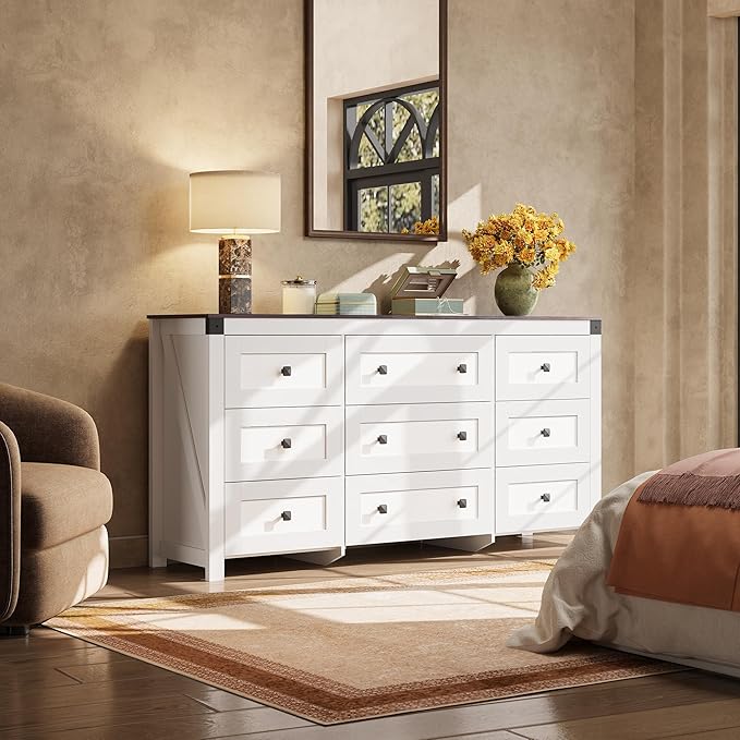 WLIVE Farmhouse Dresser for Bedroom, 63" Wide 9 Drawer Dresser Storage Organizer, Wood Chest of Drawers for Bedroom, TV Stand for 70 inch TV, for Living Room, Hallway, Ball Bearing Slide (White)-Ruum Studio Home
