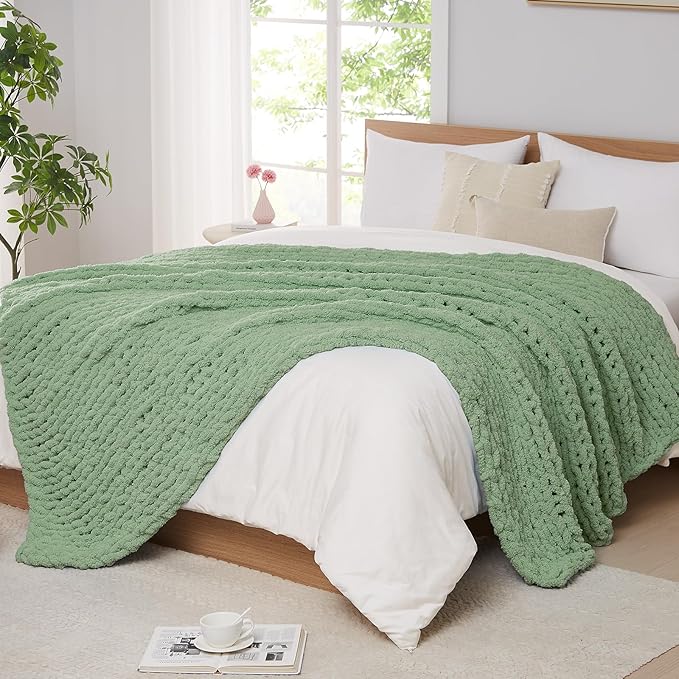 L'AGRATY Chunky Knit Blanket Throw: 80''x90'' Chenille Chunky Knitted Throw Blanket for Bed Couch - Handmade Thick Big Cable Knit Blanket - Large Chunky Crochet Blanket for Home Decor(Sage Green)-Ruum Studio Home