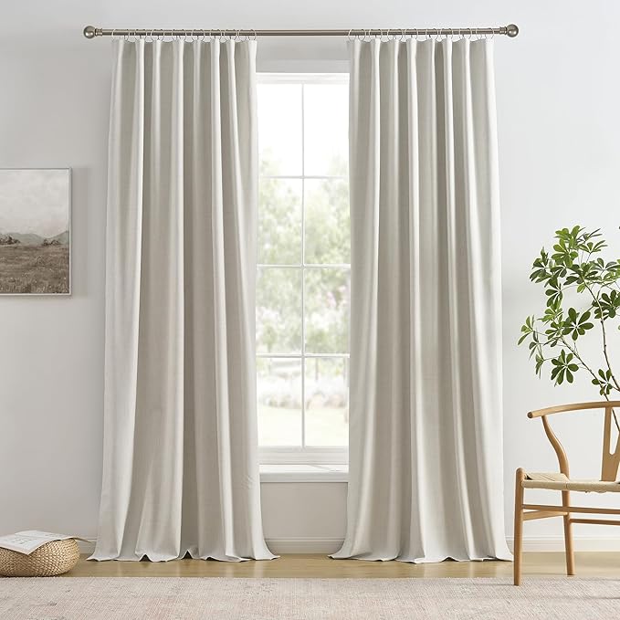 2 PCs Extra Wide Linen Blackout Curtains 100 Inches Long,Back Tab Pleaetd Drapes with Hooks Track System Curtain Panels Room Divider Curtains for Patio Sliding Door Living Room 70 x 100 Natural Birch-Ruum Studio Home