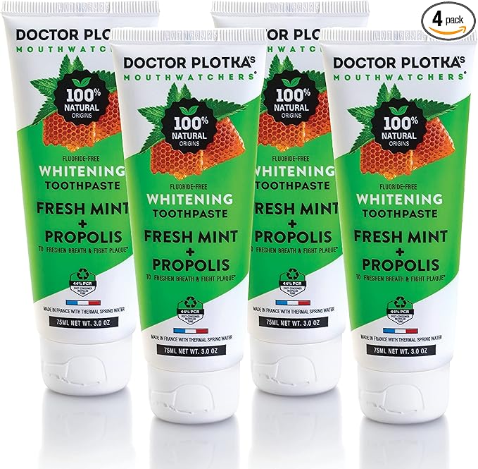 MOUTHWATCHERS Whitening Fluoride Free Naturally Sourced Toothpaste, 4 Tubes, 3 oz Each, for Sensitive Teeth and Gums, Fresh Organic Mint and Propolis, by Dr. Plotka's-Ruum Studio Home