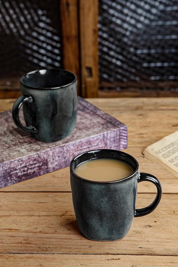 famiware Coffee Mugs Set of 4, Ocean Square 13oz Coffee Cup Set with Handle for Cocoa, Milk, Hot Chocolate, Stoneware Cups for Kitchen, Reactive Glaze, Microwave and Dishwasher Safe, Deep Forest-Ruum Studio Home