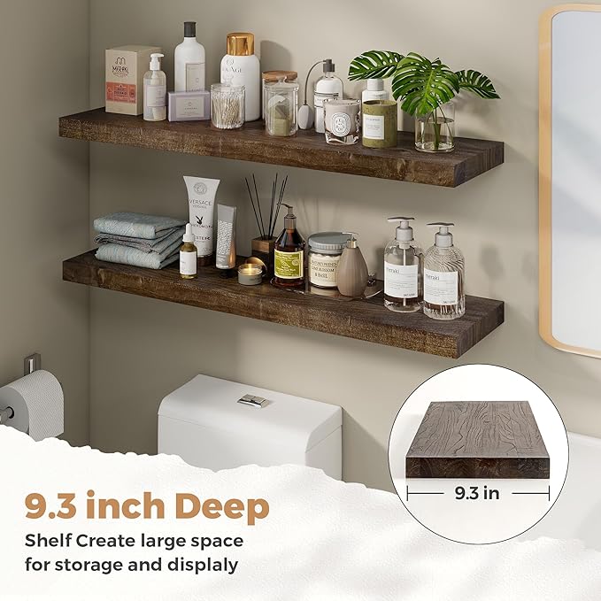 RICHFOCUS Elm Floating Shelves for Wall - 40" W x 9.3" D Rustic Solid Wood Shelves with Invisible Bracket, Wall-Mounted for Living Room, Bedroom, Kitchen Storage & Display, Set of 2, Walnut-Ruum Studio Home