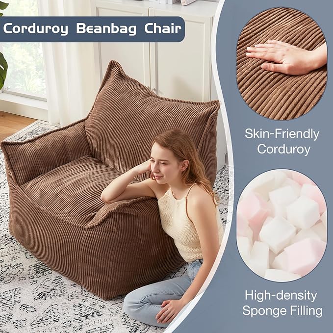 Giant Bean Bag Chair Sofa for Adults Teens, Comfy Corduroy Large Bean Bag Chairs with Armrests for Bedroom Living Room, Adult BeanBag Lazy Sofa Couch Chairs with Filler Included-Ruum Studio Home