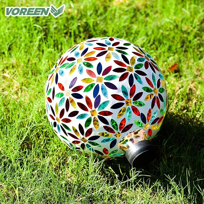 VOREEN Mosaic Glass Gazing Ball Outdoor Gazing Globe, Reflective Ball Yard Decoration for Homes, Patio, Lawn and Gardens, Gift for Mom Wife Friend, 10-Inch, Multi Colored Flowers Design-Ruum Studio Home
