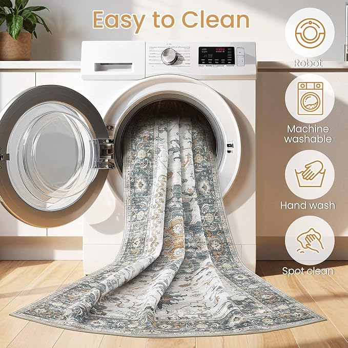 Washable Area Rugs for Living Room -10x14 Neutral Vintage Distressed Floral Farmhouse Boho Large Soft Floor Rug Indoor Non Slip Carpet for Living Room Bedroom Dining Room Office -Green/Grey-Ruum Studio Home