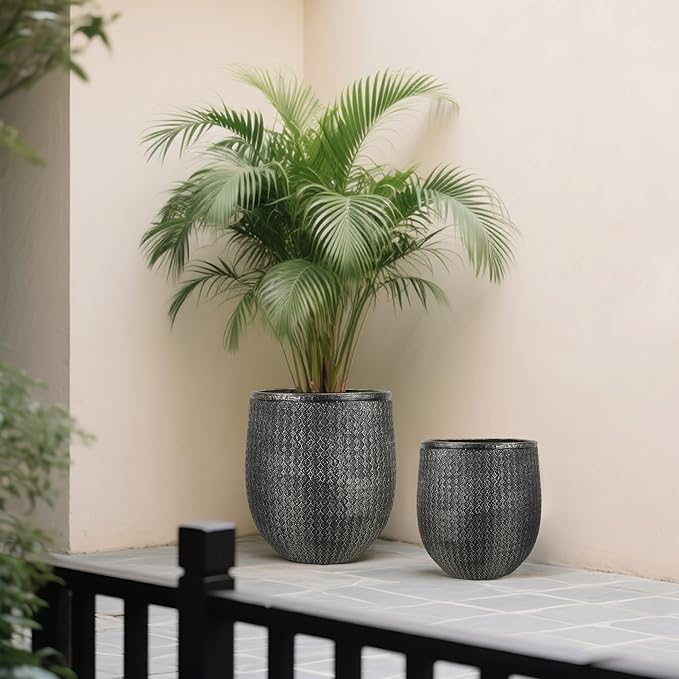 Worth Garden Large Round Planters Set of 2 (14.5"x17.5" & 12" x15“) - Lightweight Magnesium Oxide Cement Plant Pot with Texture - Concrete Look with Drainage Hole – Indoor & Outdoor Use - Black Gold-Ruum Studio Home