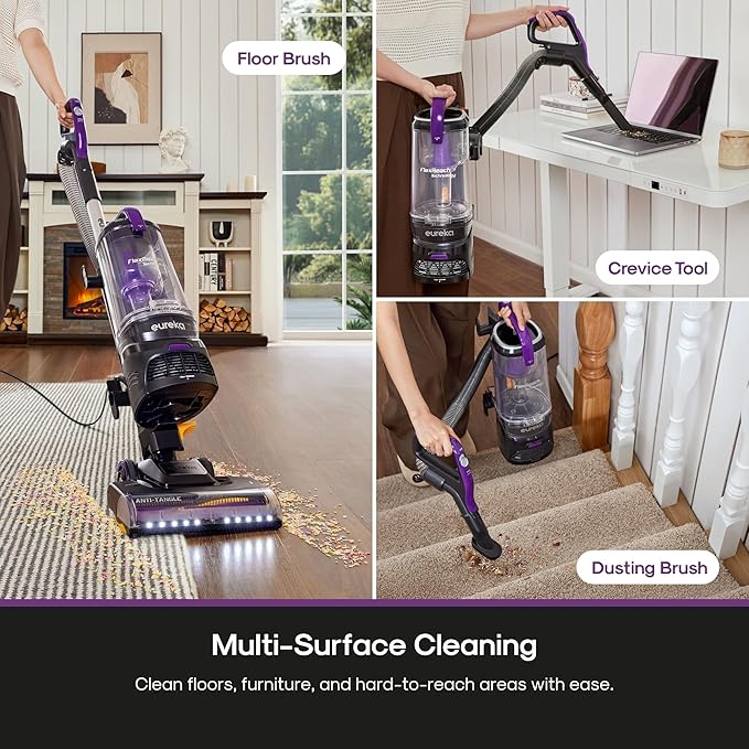 Eureka FlexReach Powerful Upright Vacuum Cleaner for Carpet and Hard Floor, Lift-Away Vacuum with Large Dust Cup, Anti-Tangle, NEU651PL, Purple-Ruum Studio Home
