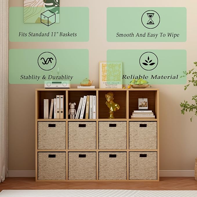 12-Cube Storage Shelf Bookcase - Wooden 3-Tier Floor Standing Open Bookshelf for Home and Office, Display Cabinet, Oak-Ruum Studio Home