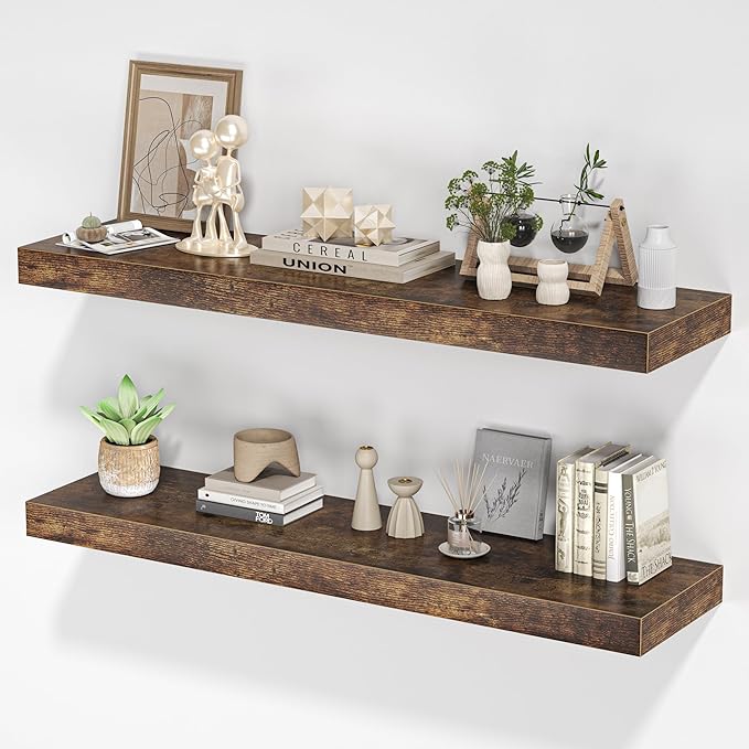 Floating Shelves for Wall, 36"W x 8"D x 1.5"H, Wooden Wall Mounted Display Shelves with Invisible Brackets for Living Room, Bedroom, Bathroom, Kitchen Decor and Storage, Set of 2, Rustic Brown-Ruum Studio Home