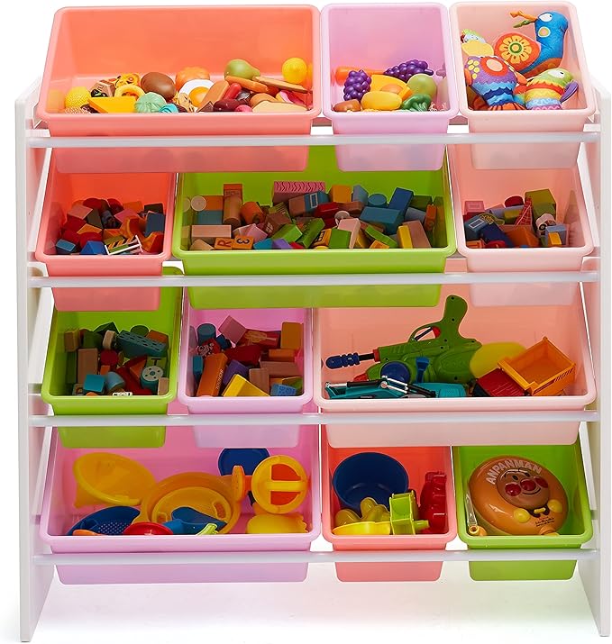 Amazon Basics Kids Toy Storage Organizer With 12 Plastic Bins, White Wood With Pink Bins, 10.9" D x 33.6" W x 31.1" H-Ruum Studio Home