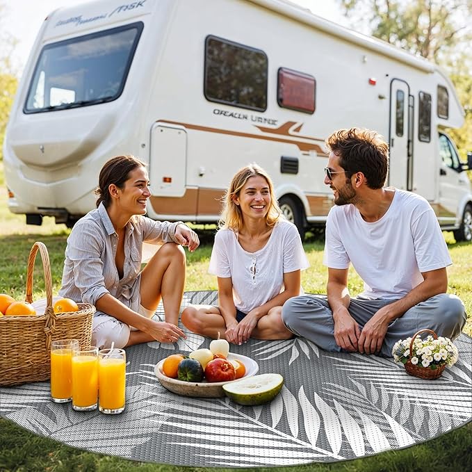 GENIMO Outdoor Rug 10' Round Waterproof for Patios Clearance, Reversible Outdoor Plastic Straw Camping Rug Carpet, Large Area Rugs Mats for RV, Camper, Deck, Balcony, Porch, Beach, Picnic, Grey&White-Ruum Studio Home