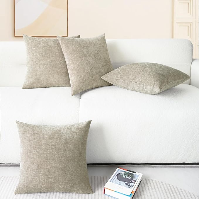 CaliTime Throw Pillow Covers Decorative 18 X 18 Inches Pack of 4 Cozy Chenille Cushion Cases for Couch Sofa Bed Living Room Home Light Taupe-Ruum Studio Home