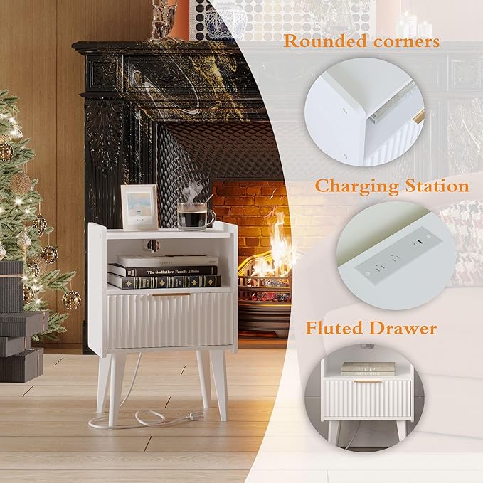 Fluted Nightstand with Charging Station, Modern Bedside Table with Drawer,White Nightstand with Solid Wood Legs, End Table,Side Table for Living Room,Bedroom White CTG57WE-Ruum Studio Home