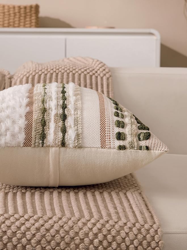 Boho Chenille Tufted Couch Throw Pillow Covers 18x18 Inch Set of 2 Farmhouse Striped Decorative Pillow Covers Accent Neutral Square Pillowcase Green Cushion Covers for Livingroom Sofa Bed-Ruum Studio Home