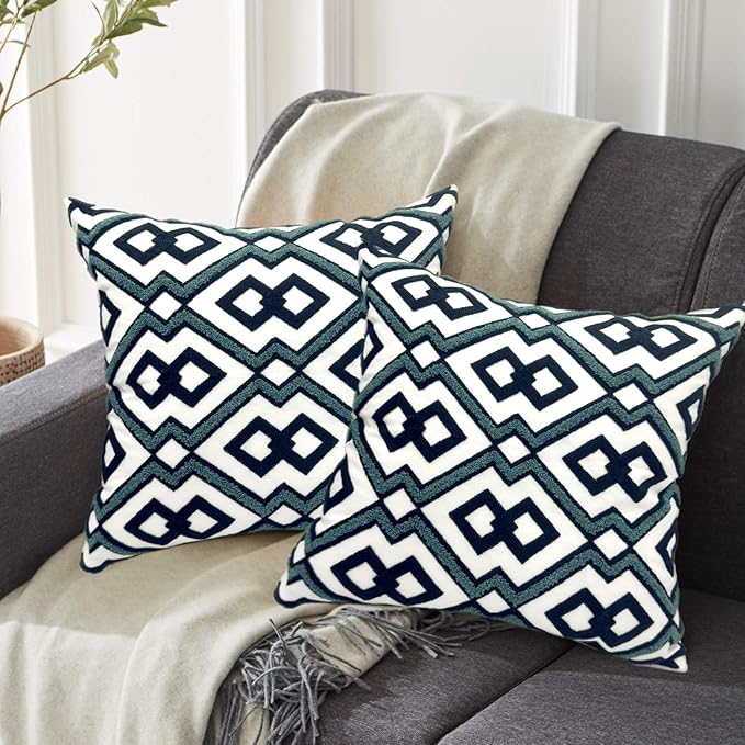 Alysheer Embroidered Decorative Throw Pillow Cover 18"x 18" Set of 2, Classic Boho Geometric Embroidery Pattern Cotton Square Cushion Case for Sofa Couch Living Room Bedroom (Navy Aqua)-Ruum Studio Home