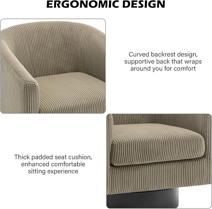 Swivel Barrel Accent Chair, Modern Round Corduroy Fabric Arm Chair for Living Room, Bedroom, Comfy Club Reading Chairs for Adults (Corduroy Camel, Set of 1)-Ruum Studio Home