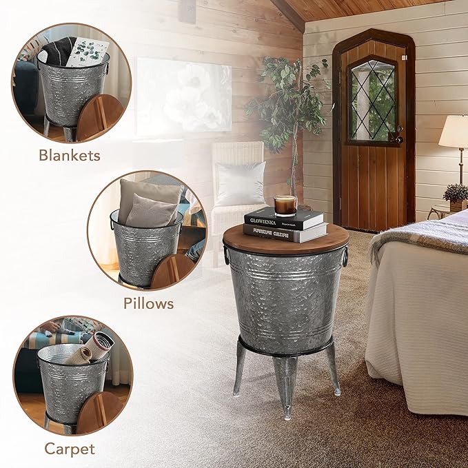 Rustee Rustic Storage Farmhouse Accent Side Table,Antique Galvanized Metal End Coffee Cocktail Table Box Bin with Round Wooden Lid Set of 2 (Galvanized),HC2009WT,One size-Ruum Studio Home