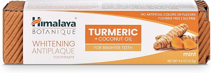Himalaya Botanique Turmeric & Coconut Oil Whitening Antiplaque Herbal Toothpaste, Whitens Teeth, Fluoride Free, No Artificial Flavors, SLS Free, Vegan, Cruelty Free, Foaming, Mint Flavor, 4 Oz, 4 Pack-Ruum Studio Home