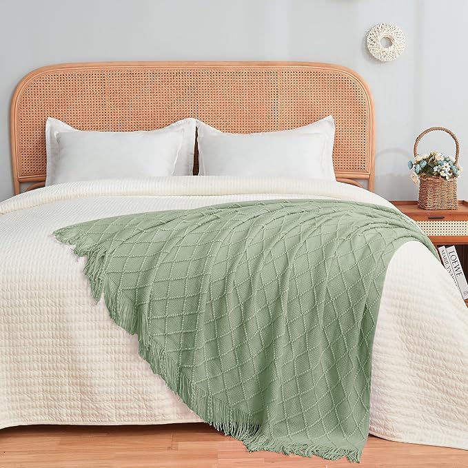 inhand Sage Green Throw Blanket for Couch, Soft Living Room Home Decor Knitted Twin Size Blanket, Outdoor Lightweight Breathable Summer Blanket, Farmhouse Warm Woven Decorative, 60"x80"-Ruum Studio Home