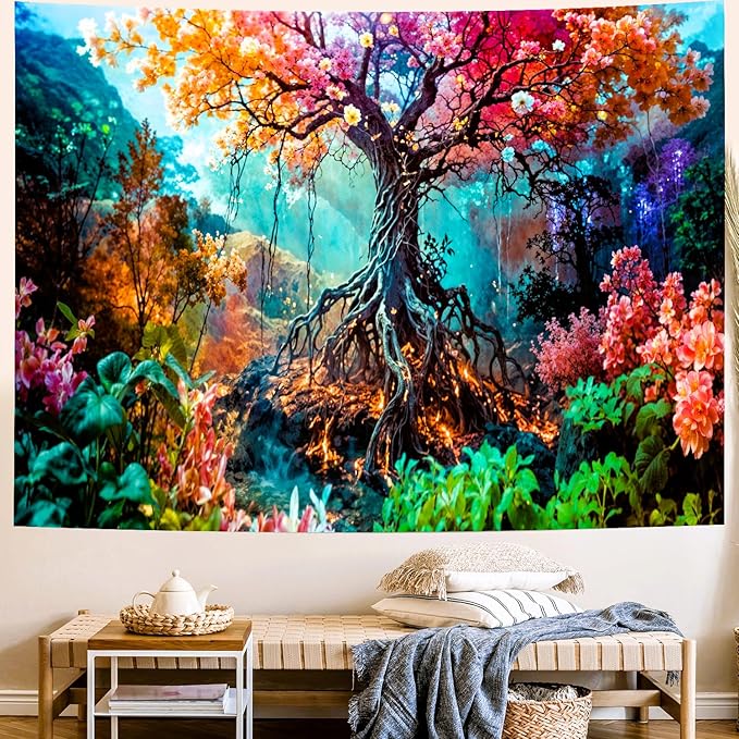 Delur Forest Tapestry Tree of Life Fantasy Tropical Rainforest Tapestry Wall Hanging Colorful Nature Mystical Landscape Psychedelic Spiritual Headboard for Bedroom Living Room Home Decor (59.1" x 78.7")-Ruum Studio Home