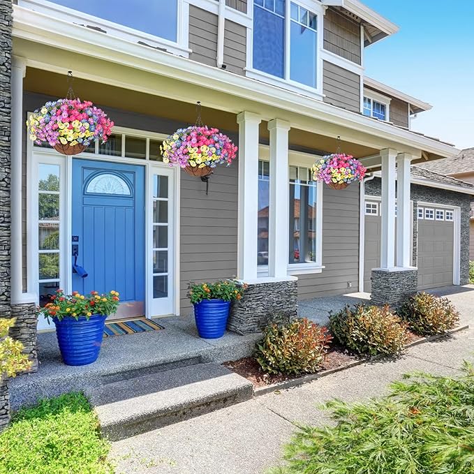 Artificial Faux Hanging Plants Flowers Basket for Outdoors Spring Summer Decoration, Silk Morning Glory Eucalyptus Look Real UV Resistant Fake Flowers for Porch Outside Patio Balcony Yard Home Garden-Ruum Studio Home