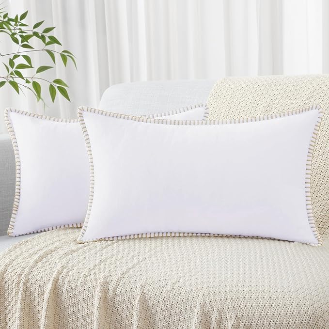 decorUhome Chenille Soft Throw Pillow Covers 12x20 Set of 2, Lumbar Velvet Farmhouse Neutral Decorative Euro Pillow Covers with Stitched Edge for Couch Sofa Bed Home Decor, White-Ruum Studio Home