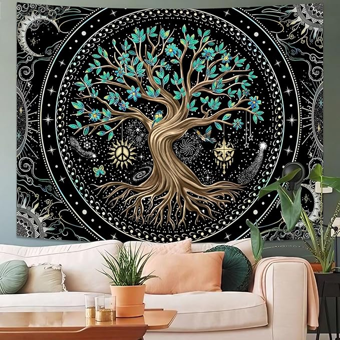 Lunerfex Tree of Life Tapastry Butterfly Moon Tapastry Flower Green Tree Tapestries Mandala Wall Hanging for Bedroom and Living Room Decor 44×60 Inches-Ruum Studio Home