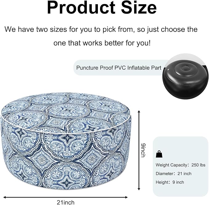 Inflatable Ottoman Stool D21 xH9 for Outdoor/Indoor Use, Water Repellent Patio Foot Rest Stool with Portable Handle,Round Pouf Ottoman Suitable for Garden,Deck and Camping - Medallion Blue-Ruum Studio Home