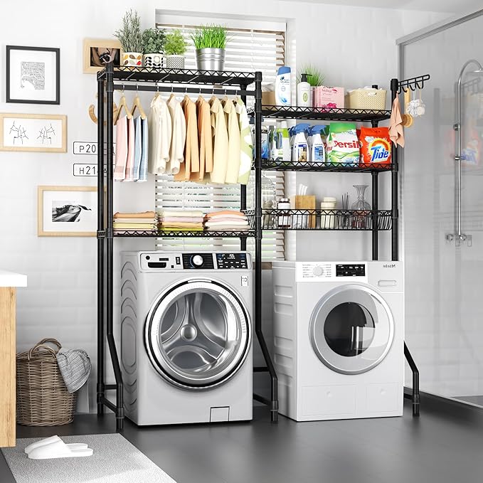 Over Washer and Dryer Shelves,Heavy Duty Laundry Room Storage Organization Clothes Drying Rack,5 Tier Adjustable Height Wire Shelving and Wire Basket with Hanger Rod&Hook,Space Saving Shelf-Ruum Studio Home
