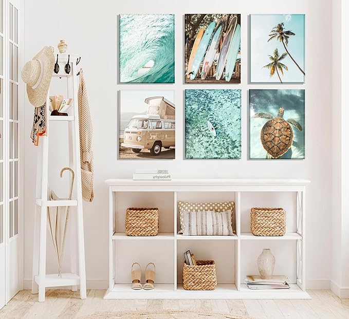 Set of 6 Tropical Beach Canvas Wall Art Surf Poster Summer Ocean Coastal Pictures Turtle Print Palm Tree Surfboard Gallery Paintings Nautical Bus Wall Decor for Bedroom Bathroom Framed-Ruum Studio Home