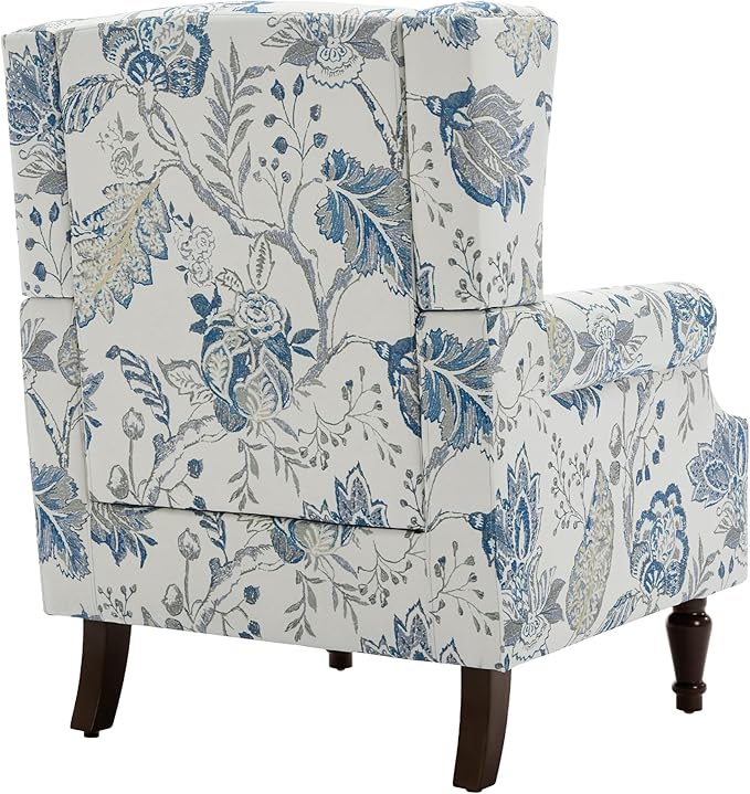UIXE High Back Floral Accent Chair, Upholstered Armchair in Fabric, Retro Printed Wingback Arm Chair for Living Room, Nailhead Trim Single Sofa Bedroom Reading Seat - Plants Blue-Ruum Studio Home