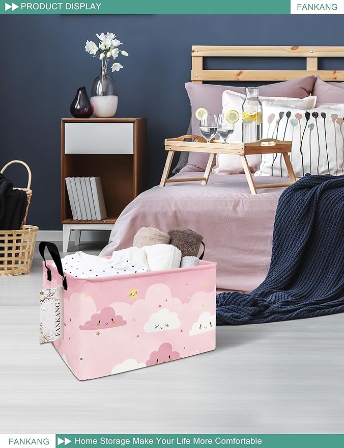 FANKANG Storage Bins, Nursery Hamper Canvas Laundry Basket Foldable with Waterproof PE Coating Large Storage Baskets for Kids Boys and Girls, Office, Bedroom, Clothes,Toys(Rec-pink cloud ）-Ruum Studio Home
