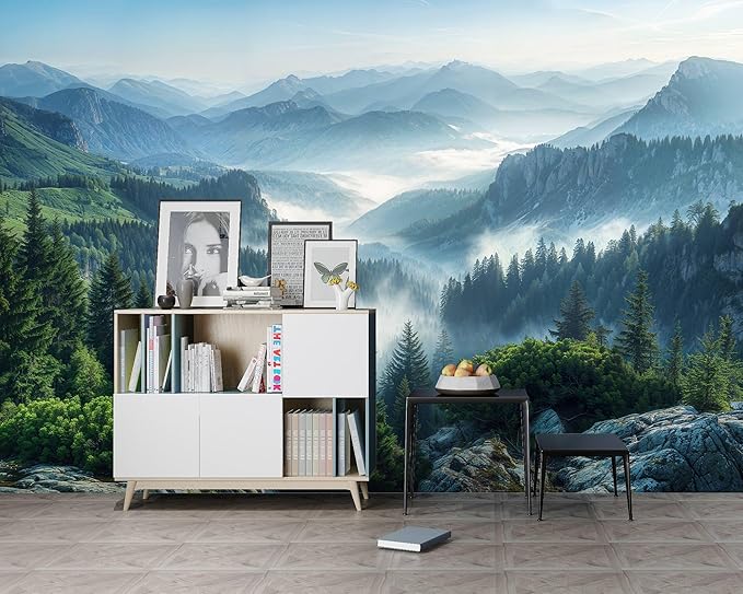 Misty Pine Forest Wallpaper Mountain Peaks Landscape Landscape Wall Mural (Not Peel and Stick)-Ruum Studio Home