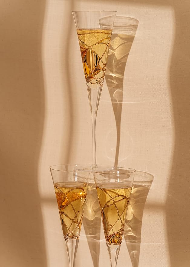 Victoria Barcelona Champagne Flute Set of 2 – 7.5 oz Mouth‑Blown Golden Luster Glass | Hand‑Painted with Real Gold Dust, Gaudí & Murano Inspired | Artistic Premium Gift Ideas for Her or Him-Ruum Studio Home