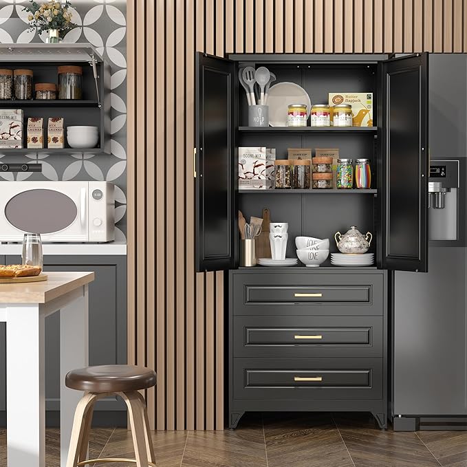 75" Kitchen Pantry Cabinet with 3 Drawers,Metal Storage Cabinets with Doors and 4 Adjustable Shelves,Black Kitchen Cabinet with 2 Gold Handles,Food Cupboard for Livingroom, Bathroom,Pantry-Ruum Studio Home