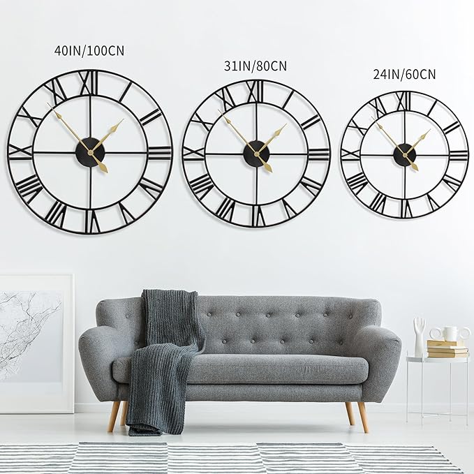 LEIKE 80CM Extra Large Wall Clock - 31" Oversize Modern Black Metal Roman Numeral Nearly Silent Little Ticking Battery Operated Wall Clocks for Living Room, Kitchen,Bedroom Farmhouse Home Decor-Ruum Studio Home