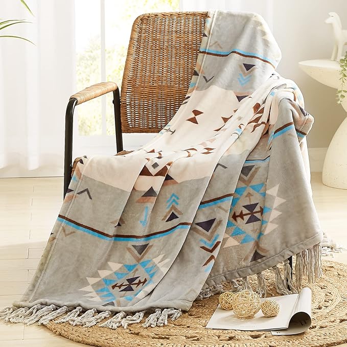 CASAAGUSTO Boho Throw Blanket - Green and Beige Decorative Blankets with Tassel, Printed Flannel Bohemian Blanket for Chair, Bed, Sofa, Couch(50 * 60, Green and Beige)-Ruum Studio Home