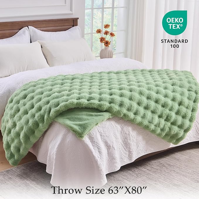 BENVWE Fluffy Faux Fur Throw Blanket for Couch, Soft Plush Thick Cozy Fuzzy Luxury Minky Bubble Blanket for Home Living Room Decor Gift for Women, Sage Green, 63" x 80", 1100GSM-Ruum Studio Home