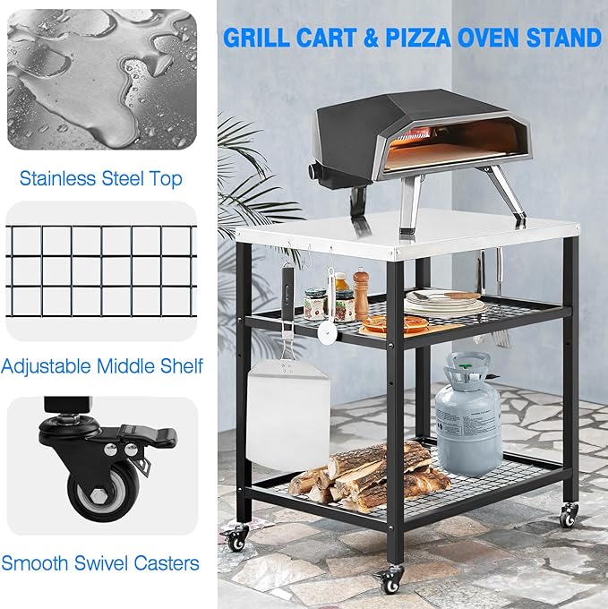 Stainless Steel Grill Cart with Cover Pizza Oven Stand with Water-Proof Cover Trolley Table with Wheels Three-Shelf Movable Food Prep and Work Cart Table Heavy Duty Grill Cart Outdoor 31.5"×24"×35.5"-Ruum Studio Home