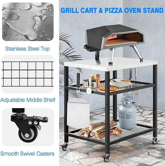 Stainless Steel Outdoor Grill Cart Pizza Oven Stand Trolley Table with Wheels Three-Shelf Movable Food Prep and Work Table Heavy Duty Grill Carts Outdoor Cart 31.5"×24"×35.5"-Ruum Studio Home