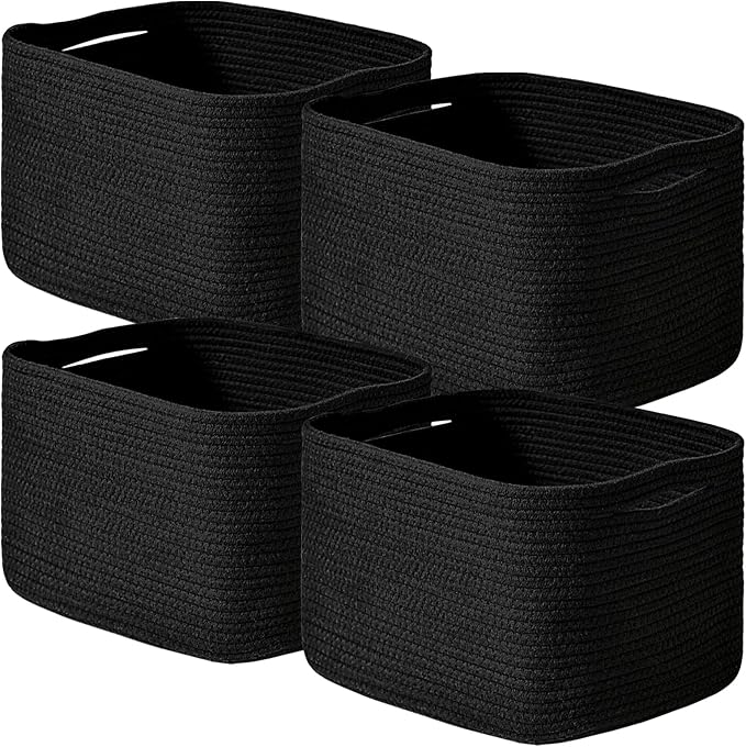 Black Storage Baskets for Shelves, Small Storage Baskets for Organizing, Woven Cotton Rope Baskets for Storage, Book Basket, Decorative Shelf Basket, 12.5"Lx9.1''Wx7.9''H (4 Packs) Black-Ruum Studio Home