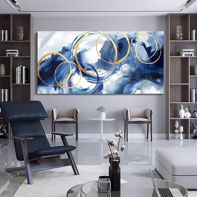 AJAZIKO Large Art For Wall Abstract Wall Decor Blue Modern Art Wall Decor Artwork For Walls Living Room Office Pictures For Wall Navy Gold Contempor Decorations For Bedroom Size 29x58-Ruum Studio Home